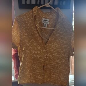 Rachel Zoe Yellow Polka Dot Short Sleeve Button-Down Shirt, 100% LINEN